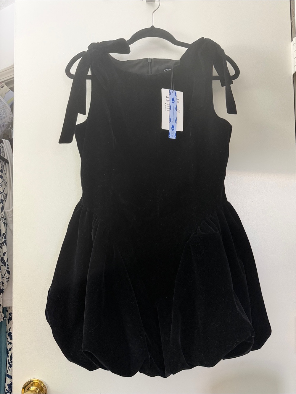 Cider Black Velvet Tie-Shoulder Mini Bubble Dress